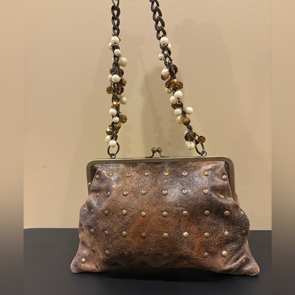 Liz Soto Bronze Studded Frame Bag with Beaded Chain Strap